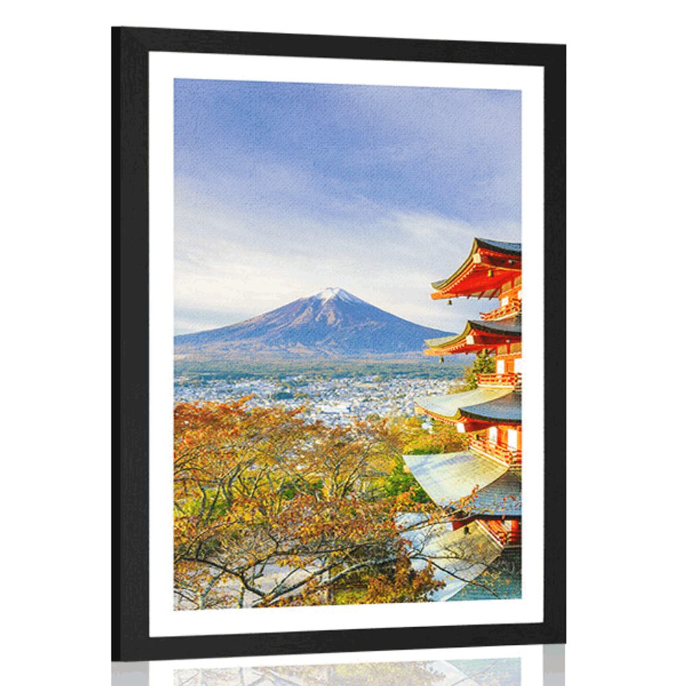 Plakát s paspartou výhled na Chureito Pagoda a horu Fuji