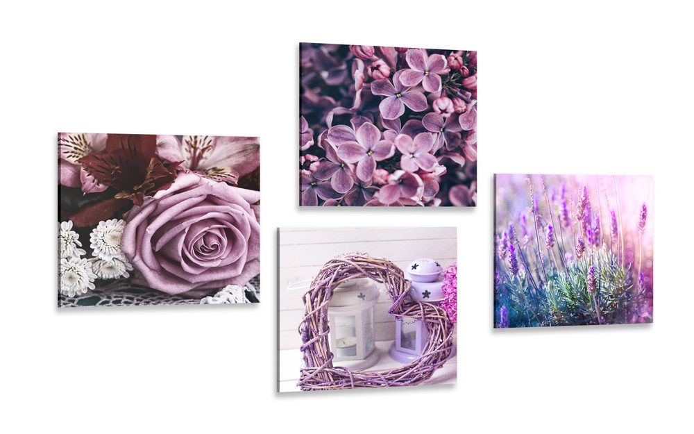 Set obrazov nádherné fialové kvetiny so srdiečkom