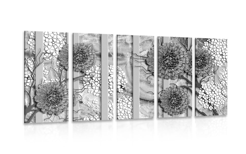 5-dielny obraz abstraktné kvety na mramorovom pozadí v čiernobielom prevedení - 100x50