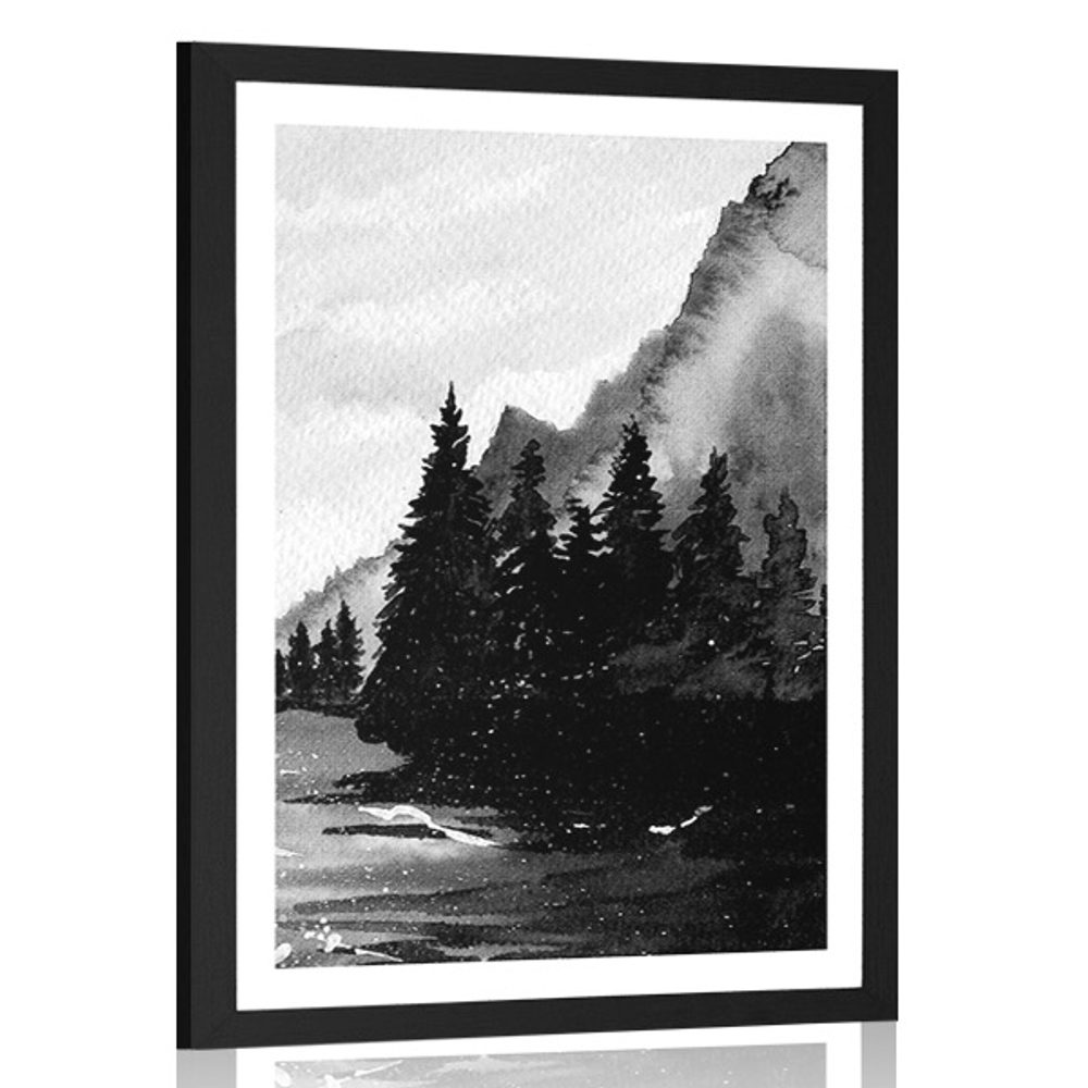 Plakát s paspartou zimní kreslená krajina v černobílém provedení