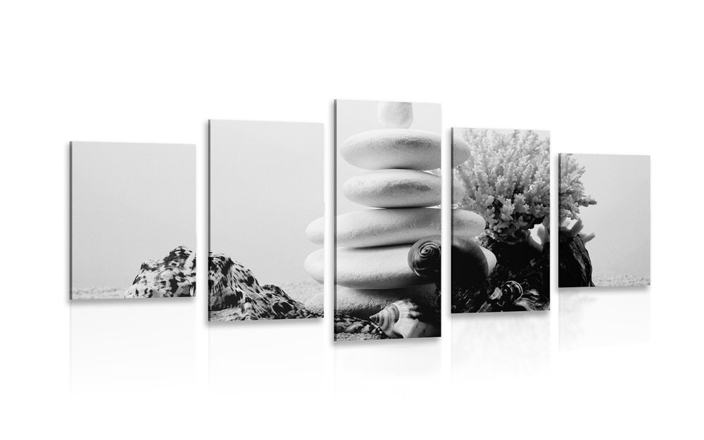 5-dílný obraz Zen kameny s mušlemi v černobílém provedení - 200x100