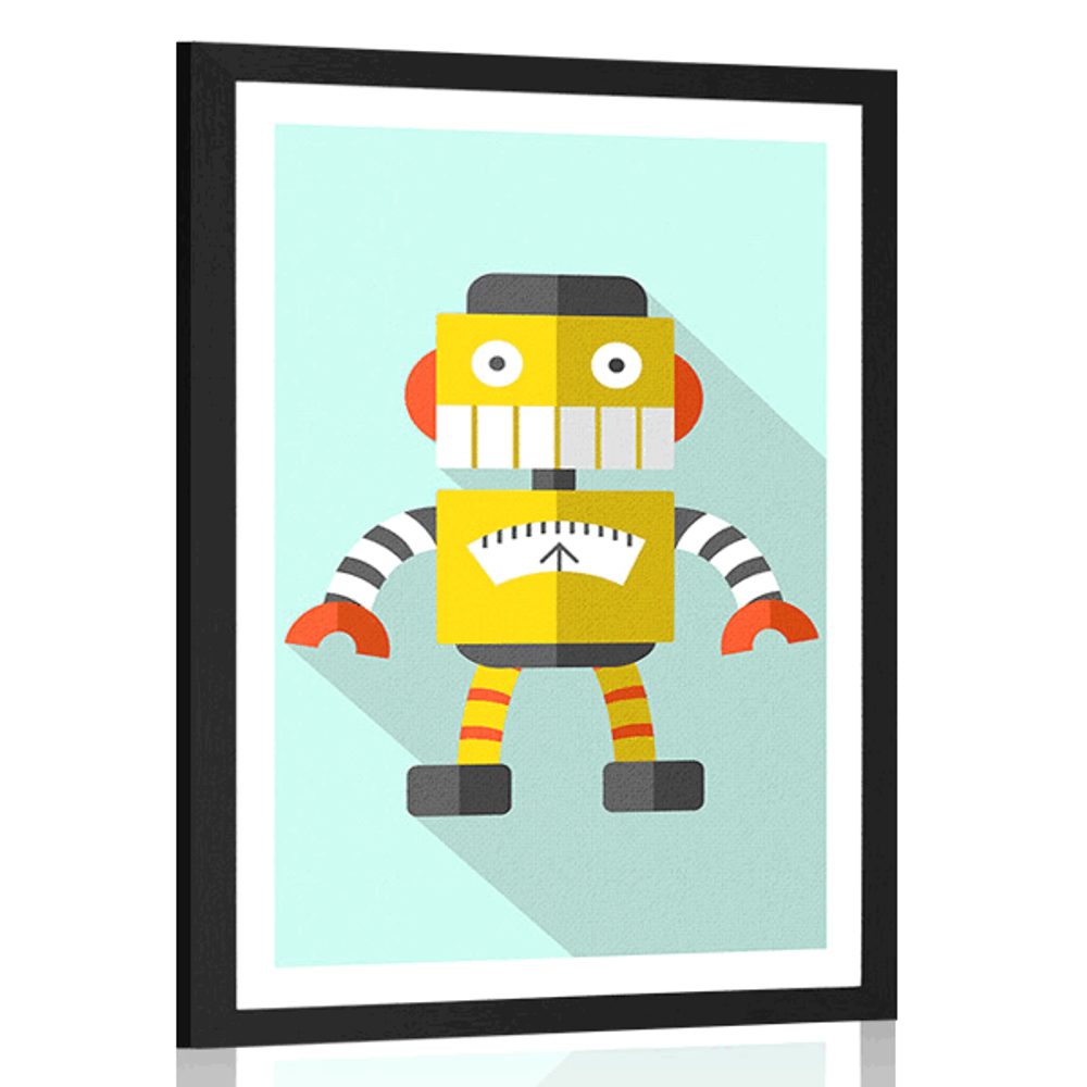Plakát s paspartou žlutý robot na modrém pozadí