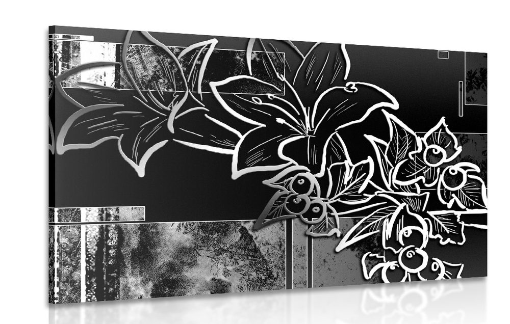 Obraz květinová ilustrace v černobílém provedení