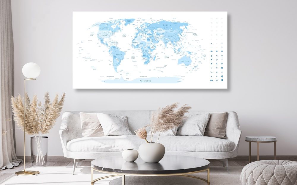 E-shop Obraz na korku detailná mapa sveta v modrej farbe
