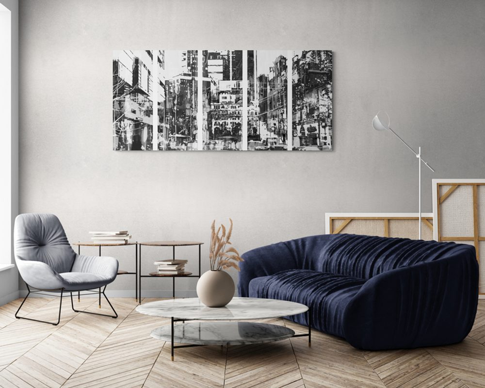 E-shop 5-dielny obraz abstraktná panoráma mesta v čiernobielom prevedení