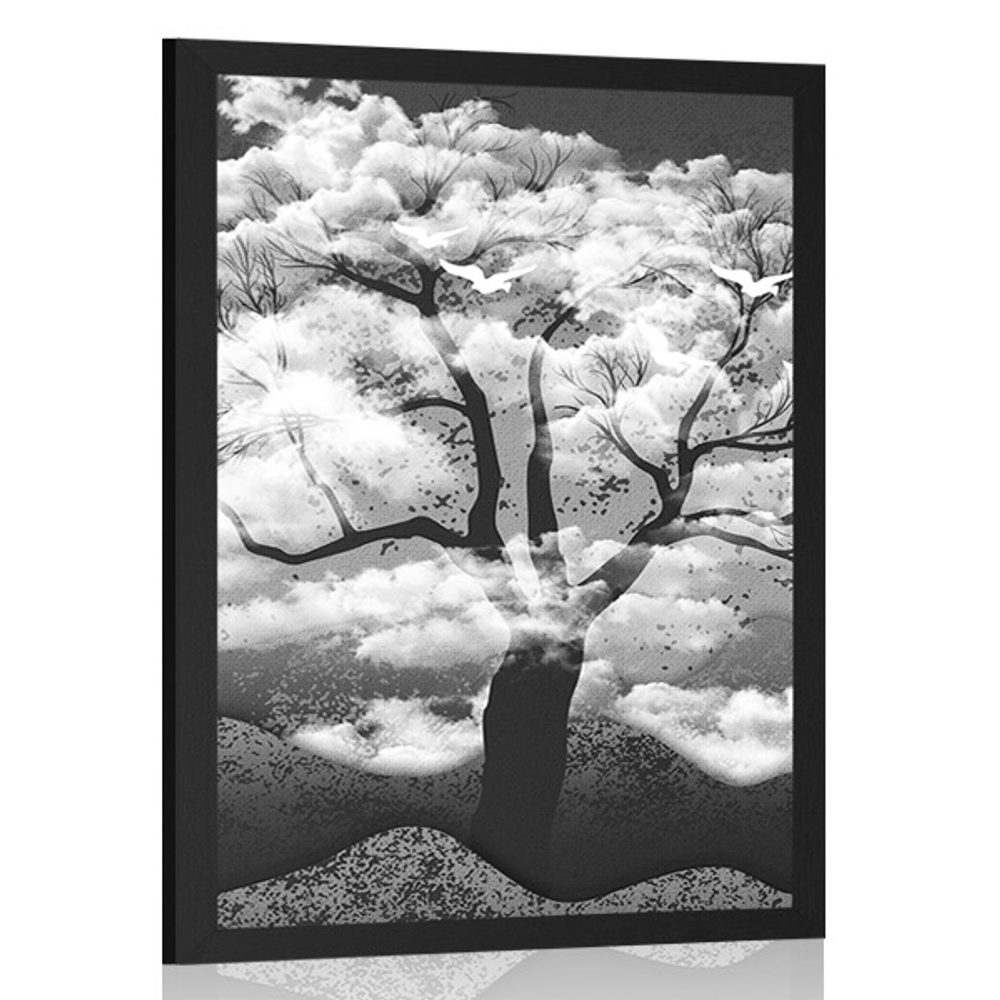 Plakát černobílý strom zalitý oblaky - 40x60 silver