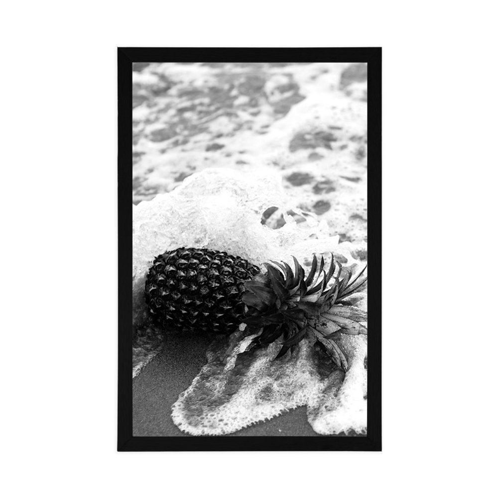 E-shop Plagát ananás vo vlne oceánu v čiernobielom prevedení