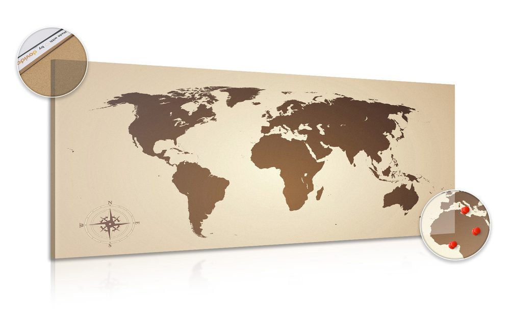 Obraz na korku mapa sveta v odtieňoch hnedej - 120x60