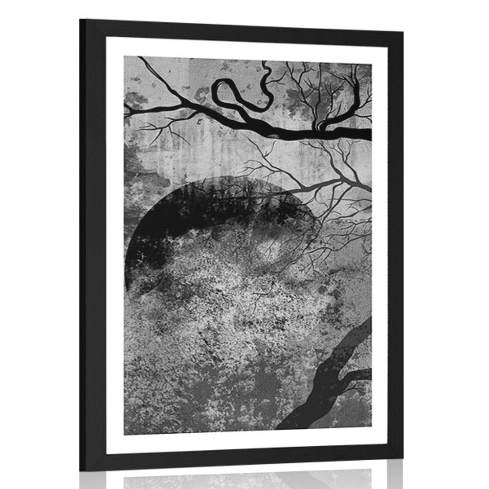 Plakát s paspartou surrealistické stromy v černobílém provedení
