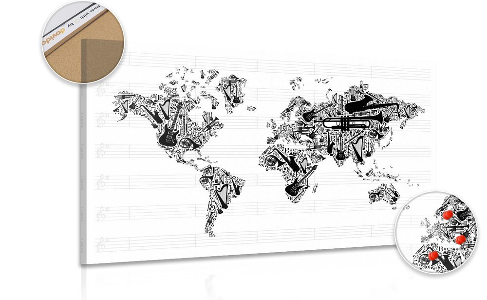 Obraz na korku hudobná mapa sveta v inverznej podobe - 120x80  transparent