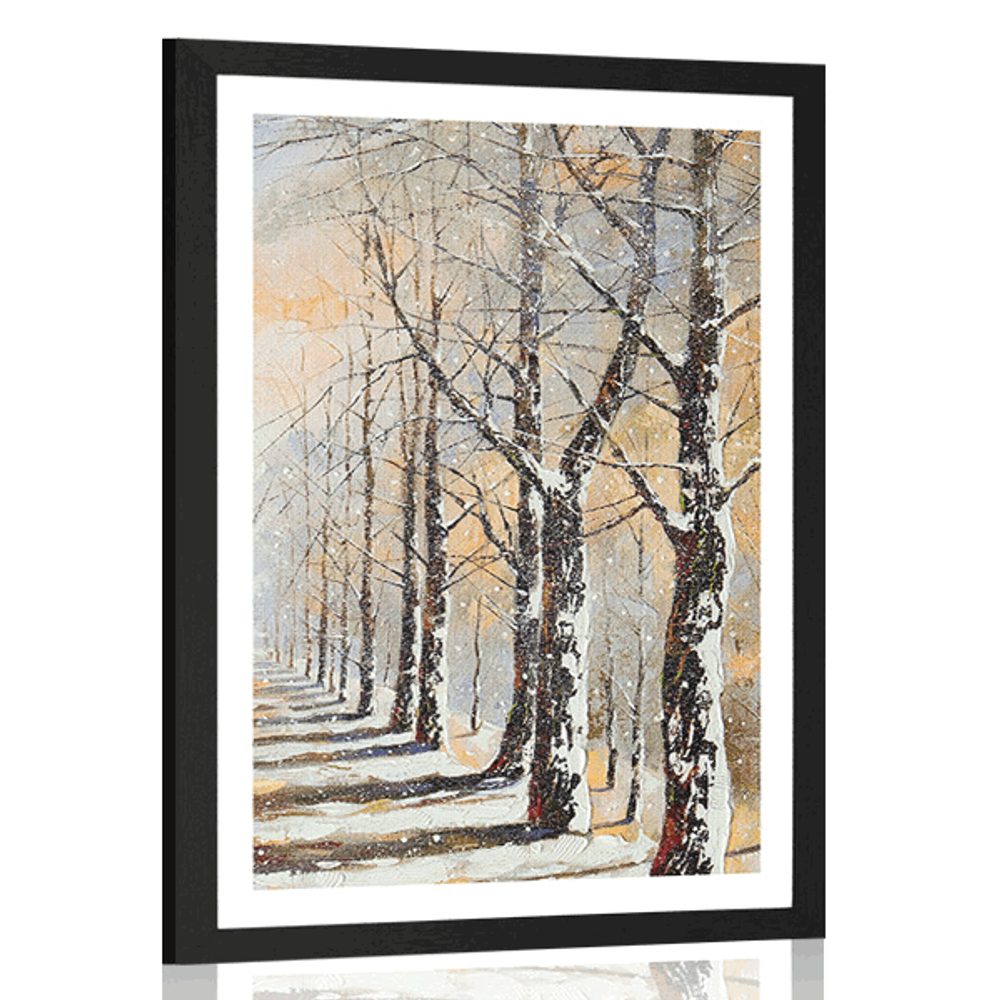Plakát s paspartou zimní alej stromů