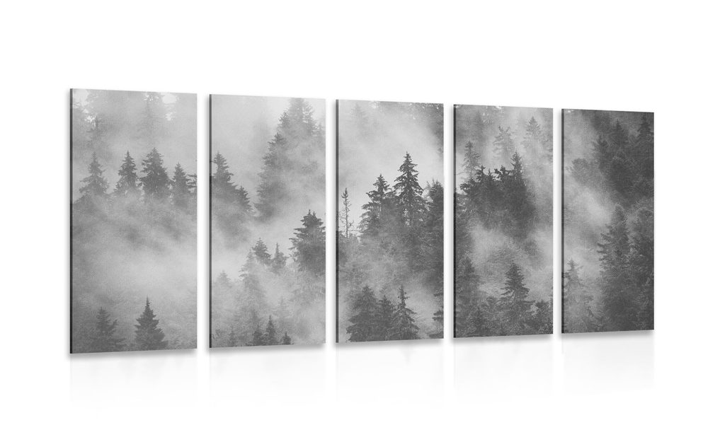 5-dílný obraz hory v mlze v černobílém provedení