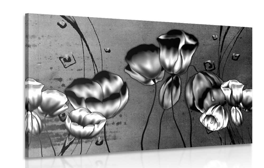 Obraz máky v etno nádechu v černobílém provedení - 90x60