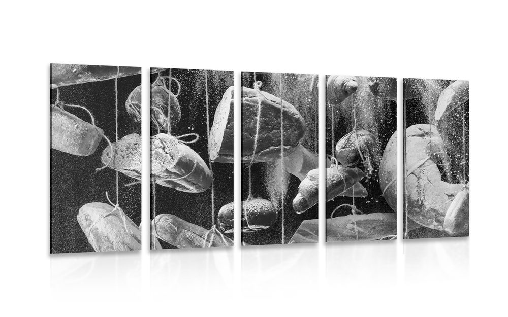 5-dielny obraz visiace pečivo na lane v čiernobielom prevedení