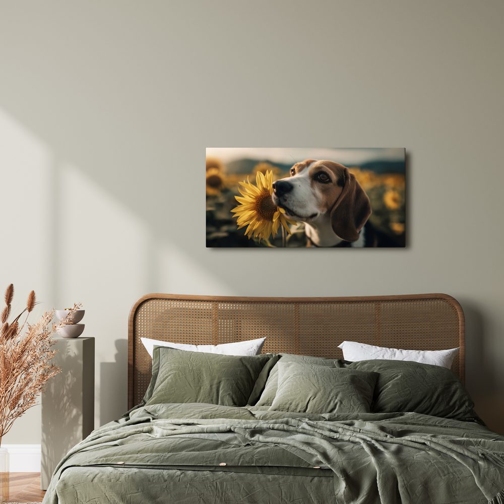 Obraz beagle so slnečnicou