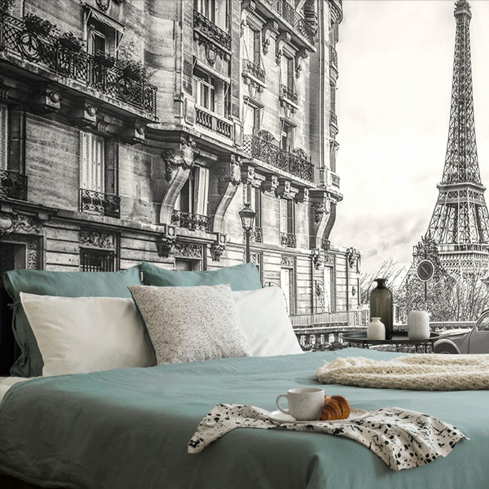 Samolepiaca tapeta čiernobiela Eiffelova veža z ulice Paríža - 225x150