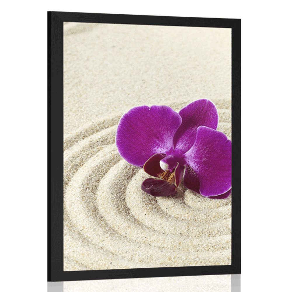 Plakát písečná Zen zahrada s fialovou orchidejí