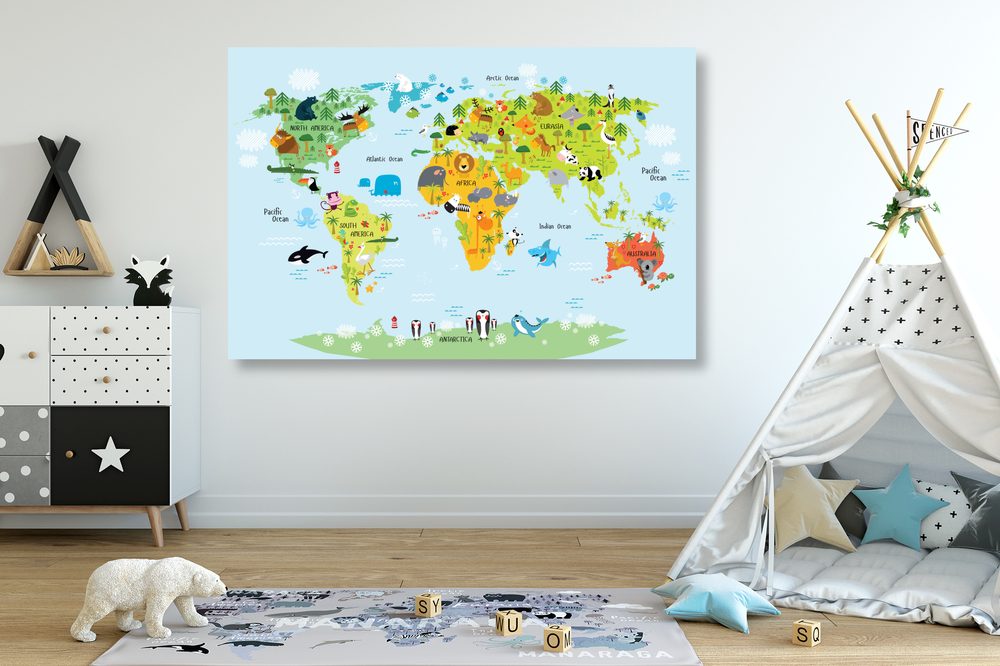 E-shop Obraz na korku detská mapa sveta so zvieratkami