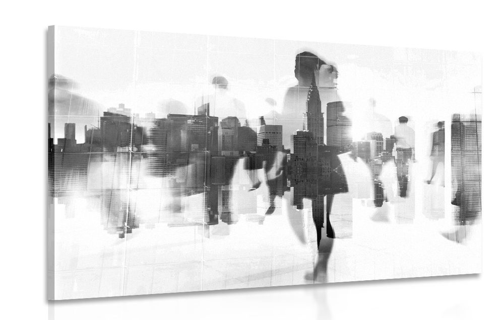 Levně Obraz siluety lidí ve velkoměstě v černobílém provedení