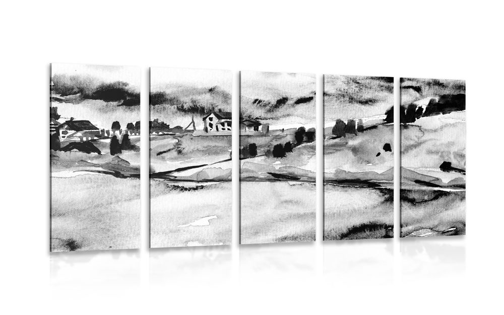 5-dílný obraz akvarelová vesnička v černobílém provedení