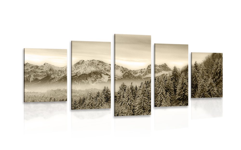 5-dielny obraz zamrznuté hory v sépiovom prevedení