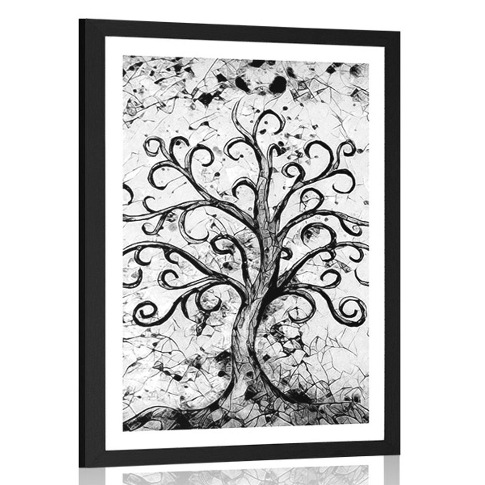 Plakát s paspartou symbol stromu života v černobílém provedení