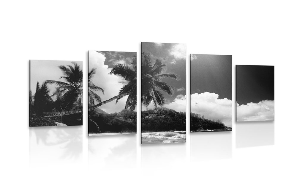 5-dílný obraz nádherná pláž na ostrově Seychely v černobílém provedení