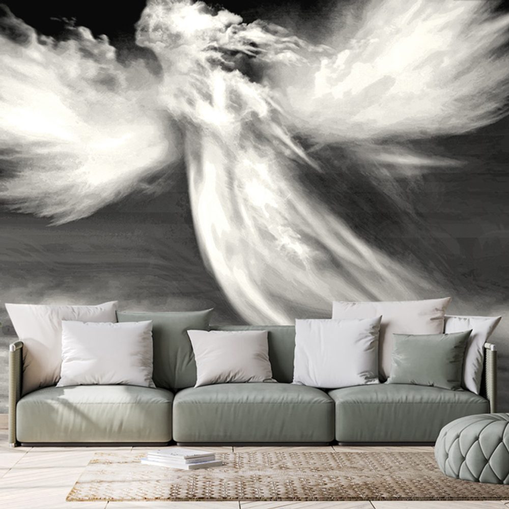 Samolepiaca tapeta čiernobiela podoba anjela v oblakoch