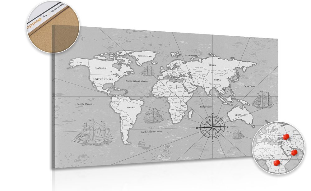 Obraz na korku zajímavá černobílá mapa světa
