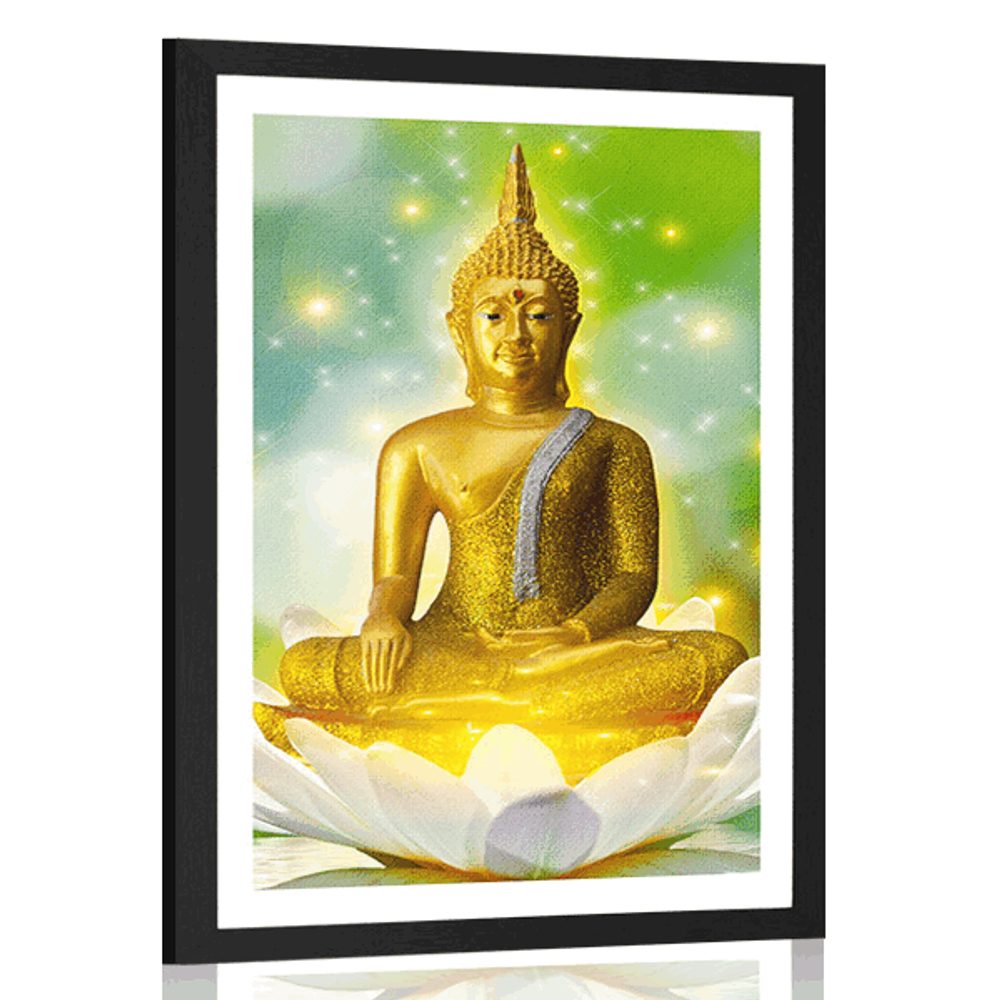 Plakát s paspartou zlatý Buddha na lotosovém květu