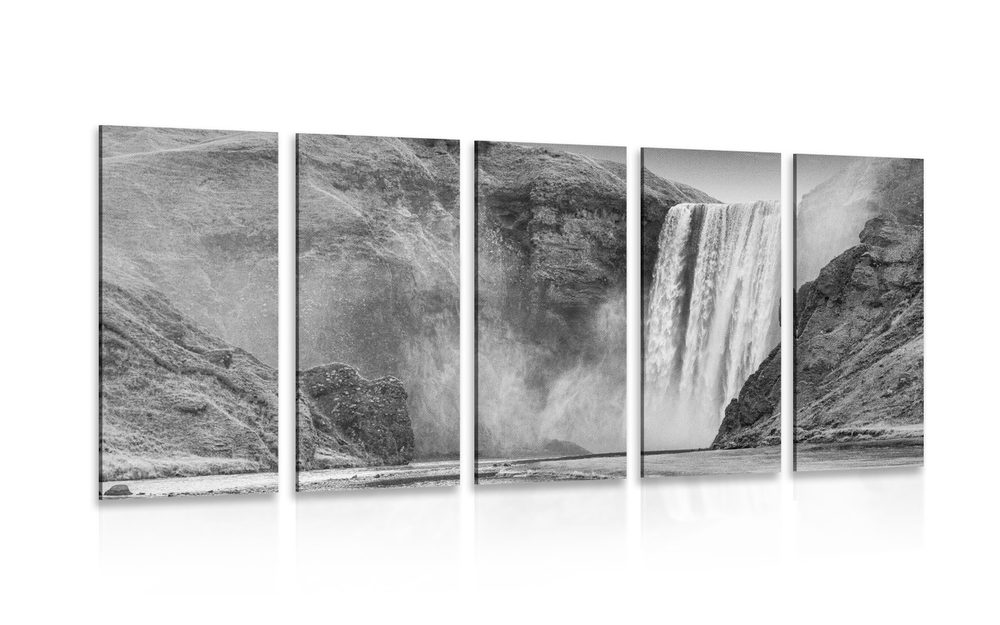5-dílný obraz ikonický vodopád na Islandu v černobílém provedení