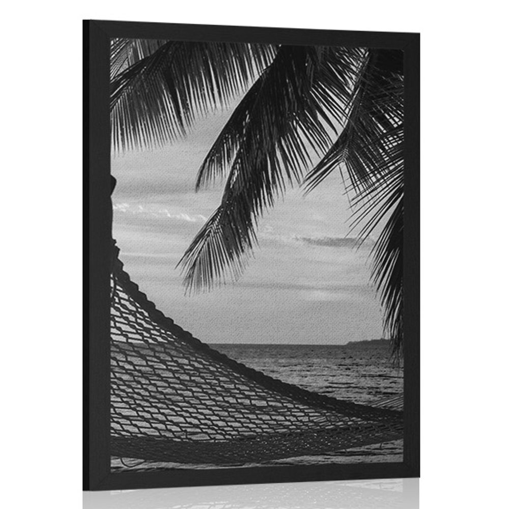 Plakát houpací síť na pláži v černobílém provedení
