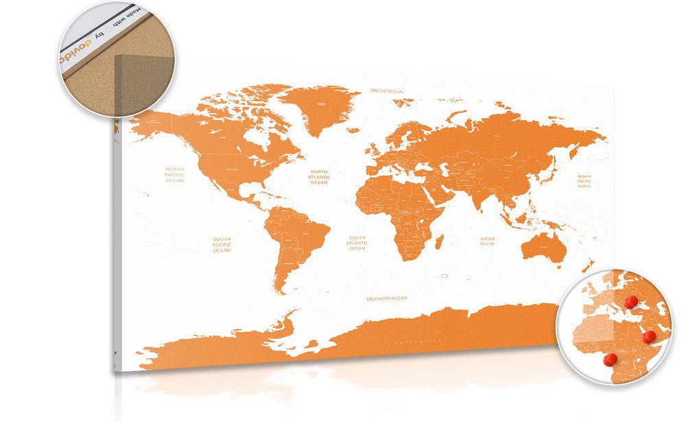 Obraz na korku mapa světa s jednotlivými státy v oranžové barvě