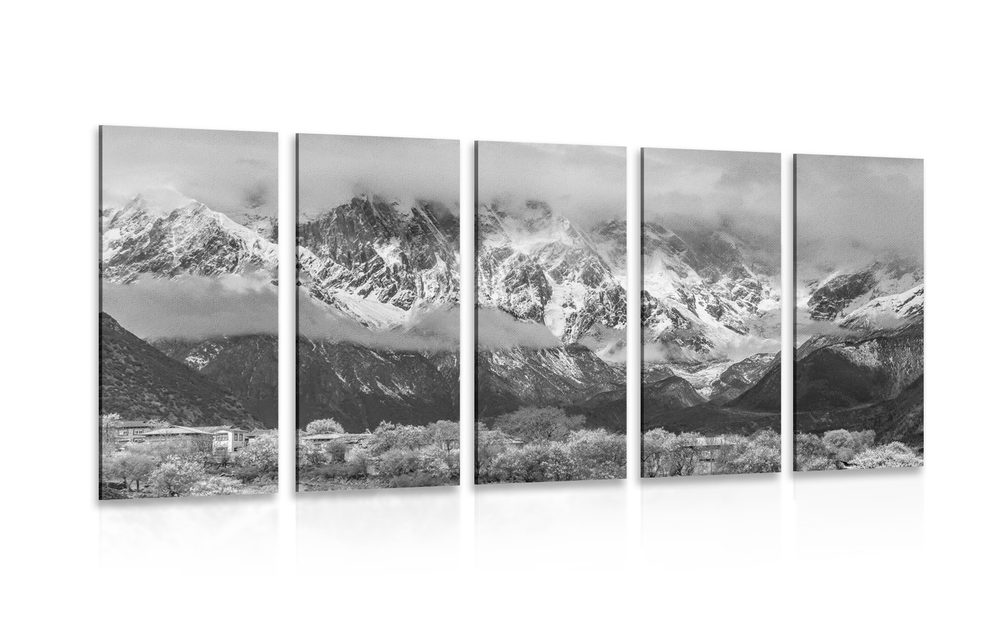 5-dielny obraz jedinečná horská krajina v čiernobielom prevedení