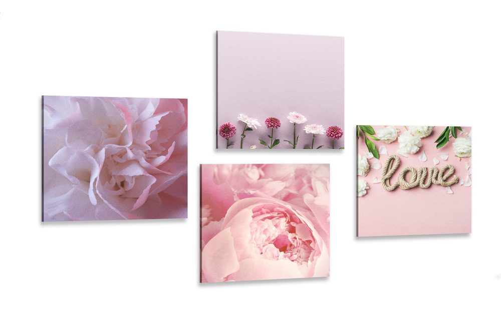 Set obrazů květiny v  jemném růžovém odstínu