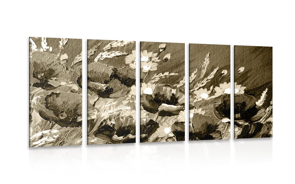 5-dielny obraz maky v poli v sépiovom prevedení
