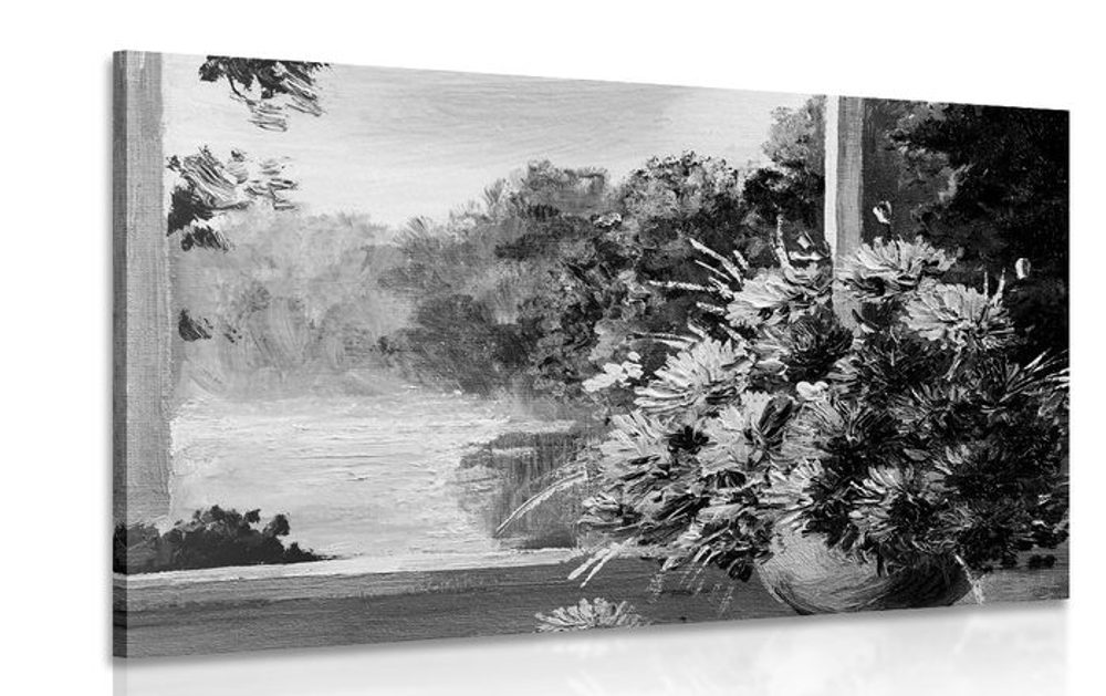 Obraz jarní kytice u okna v černobílém provedení