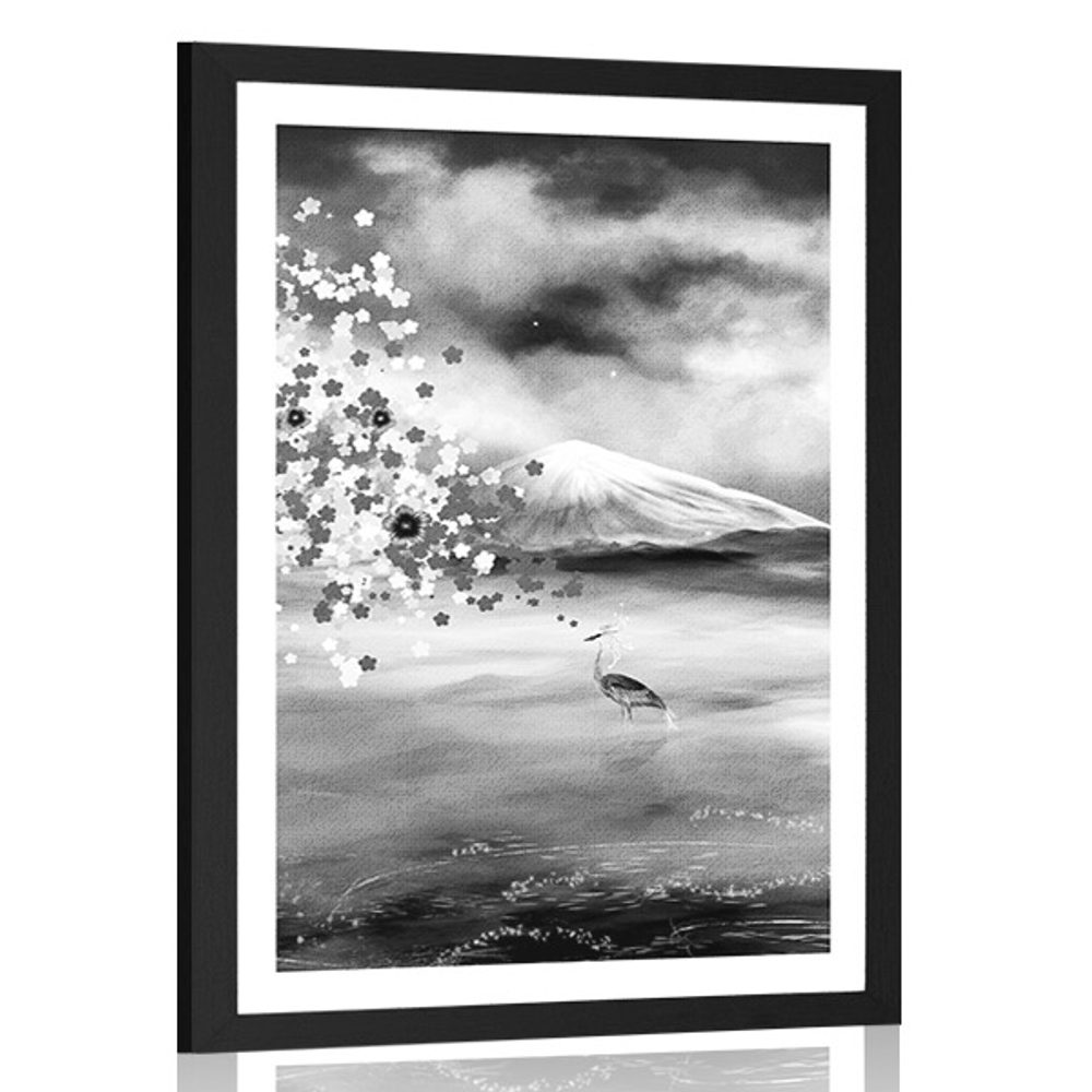 Plakát s paspartou volavky pod magickým stromem v černobílém provedení