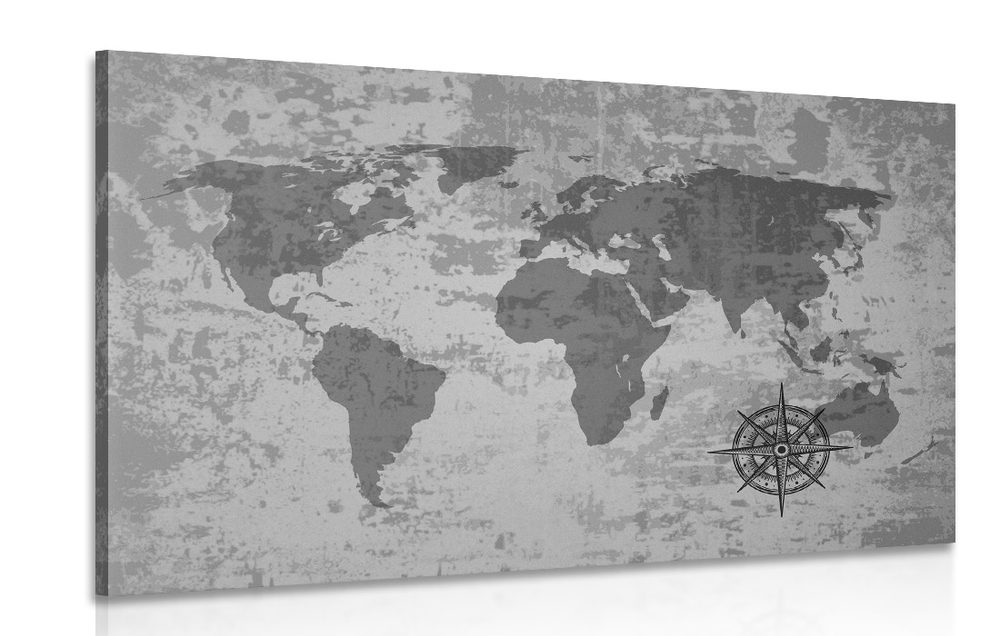 Obraz stará mapa sveta s kompasom v čiernobielom prevedení - 60x40