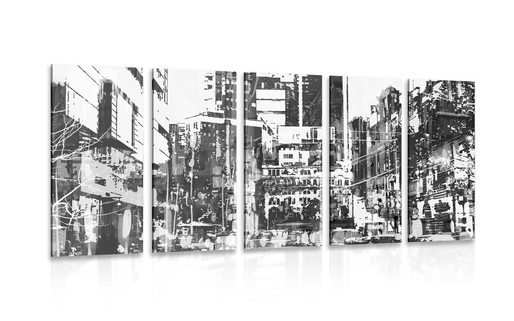 Levně 5-dílný obraz abstraktní panoráma města v černobílém provedení