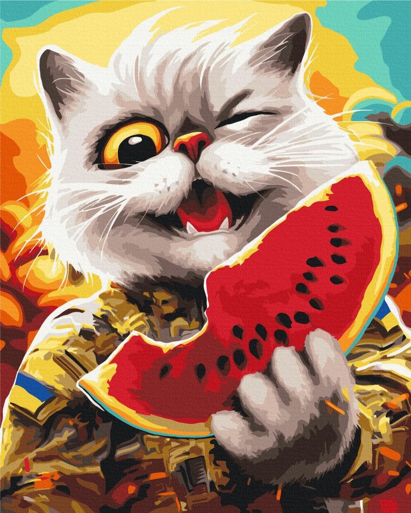 E-shop Maľovanie podľa čísiel odvážna mačka s melónom