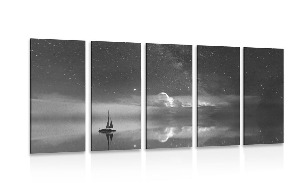5-dílný obraz loďka na moři v černobílém provedení
