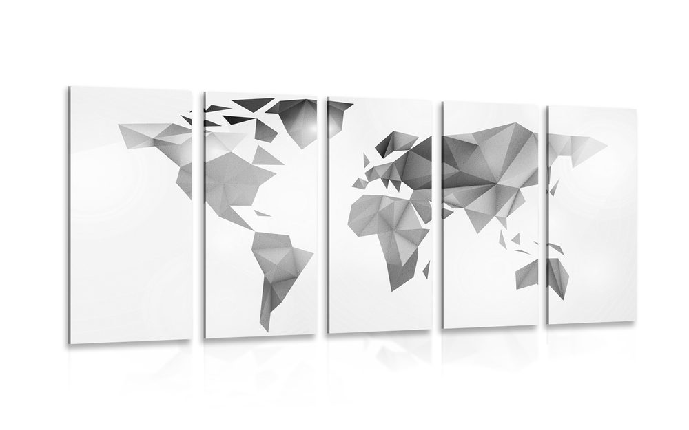 5-dielny obraz mapa sveta v štýle origami v čiernobielom prevedení