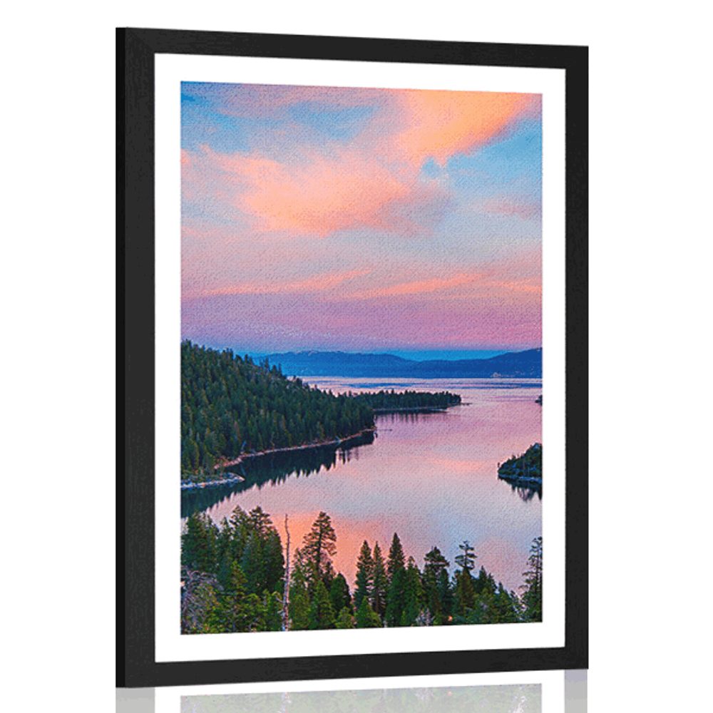 Plagát s paspartou jazero pri západe slnka