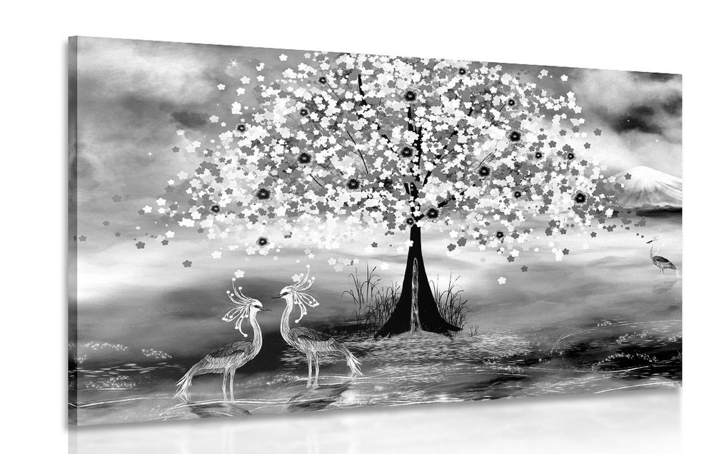 Obraz volavky pod magickým stromom v čiernobielom prevedení
