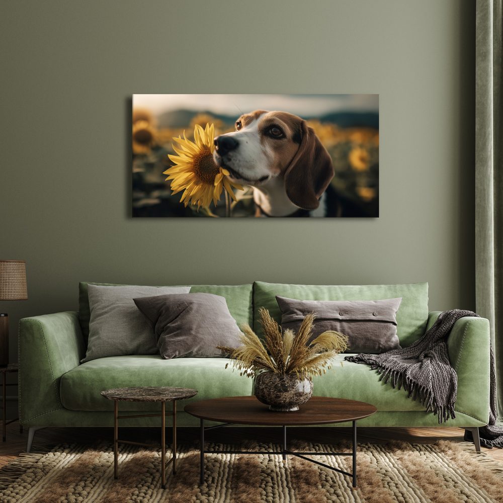 Obraz beagle so slnečnicou