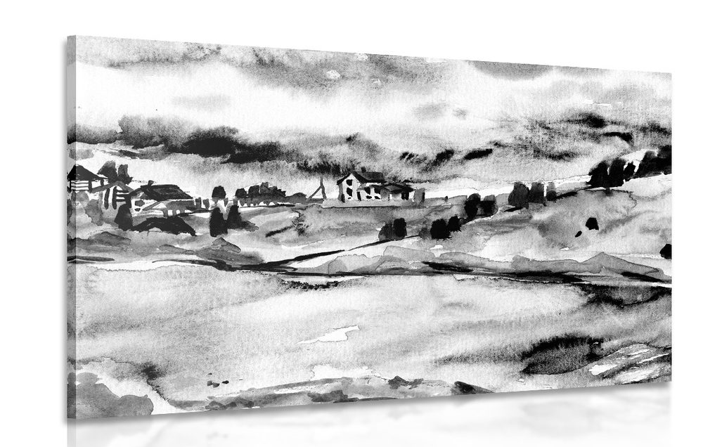 Obraz dedinka pri rieke v čiernobielom prevedení