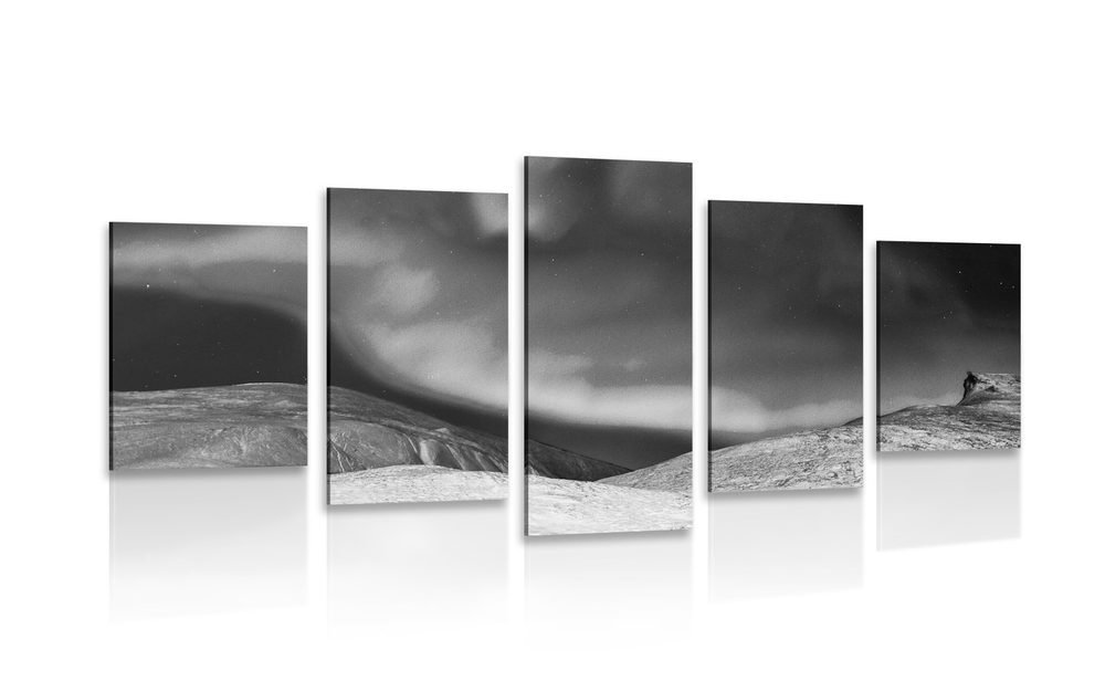 5-dílný obraz polární záře na obloze v černobílém provedení - 100x50