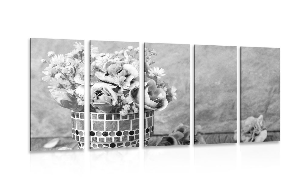5-dílný obraz květiny karafiátu v mozaikovém květináči v černobílém provedení