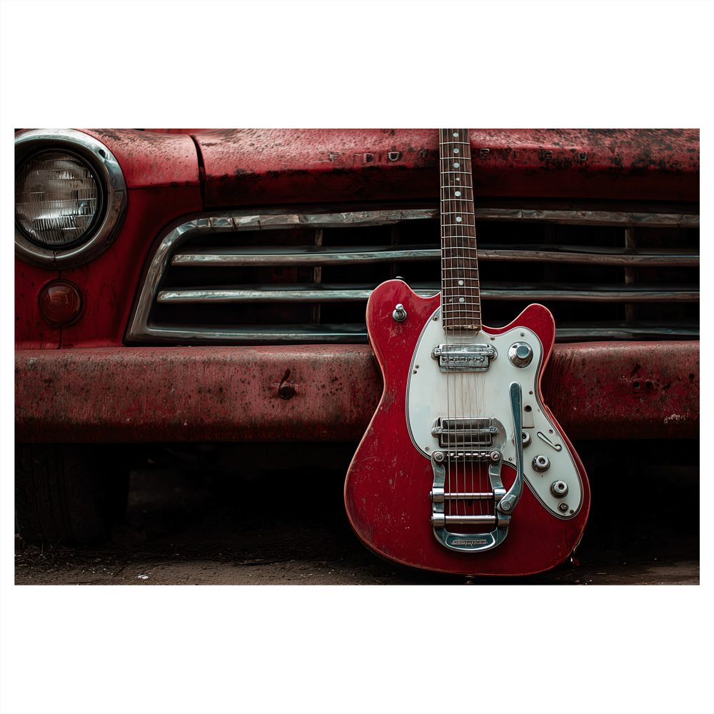 Obraz vintage gitara a auto